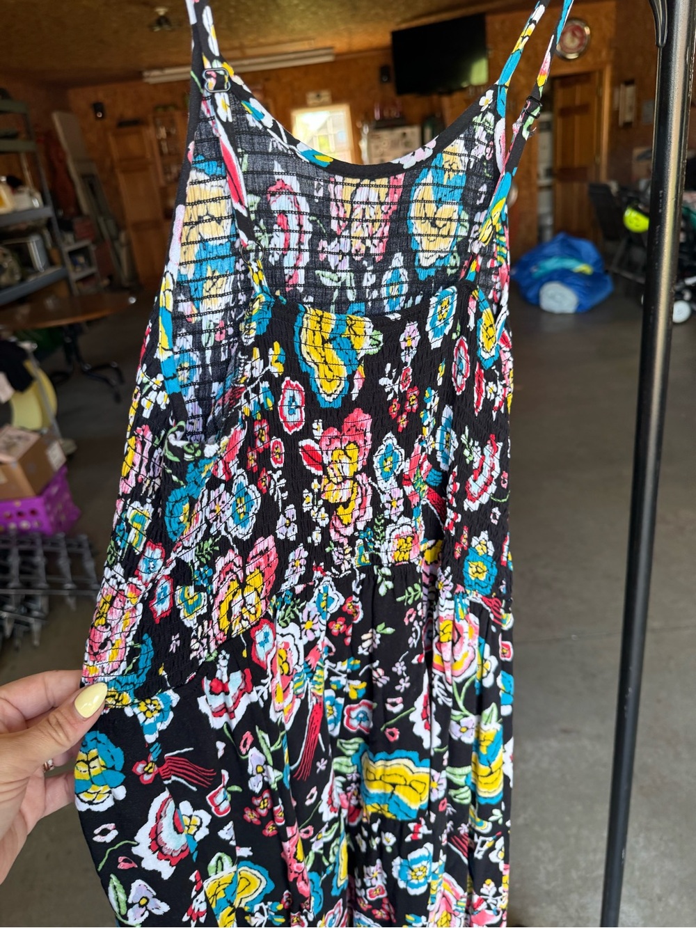 Black Floral Smocked Sundress with Bright Multicolor Flowers - Picture 2 of 2